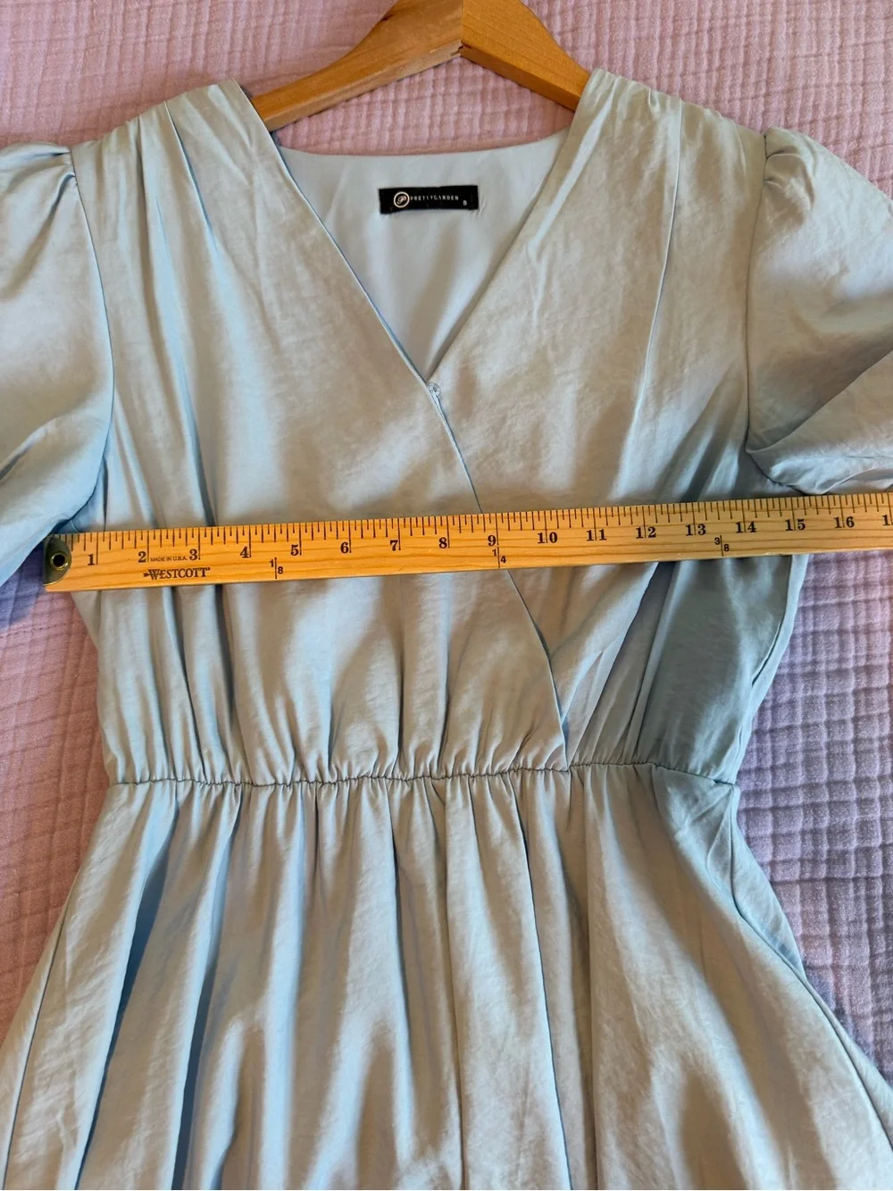 PRETTYGARDEN Sky Blue Puff Sleeve V-Neck Wrap Mini Dress Size S Great Condition - Picture 14 of 15
